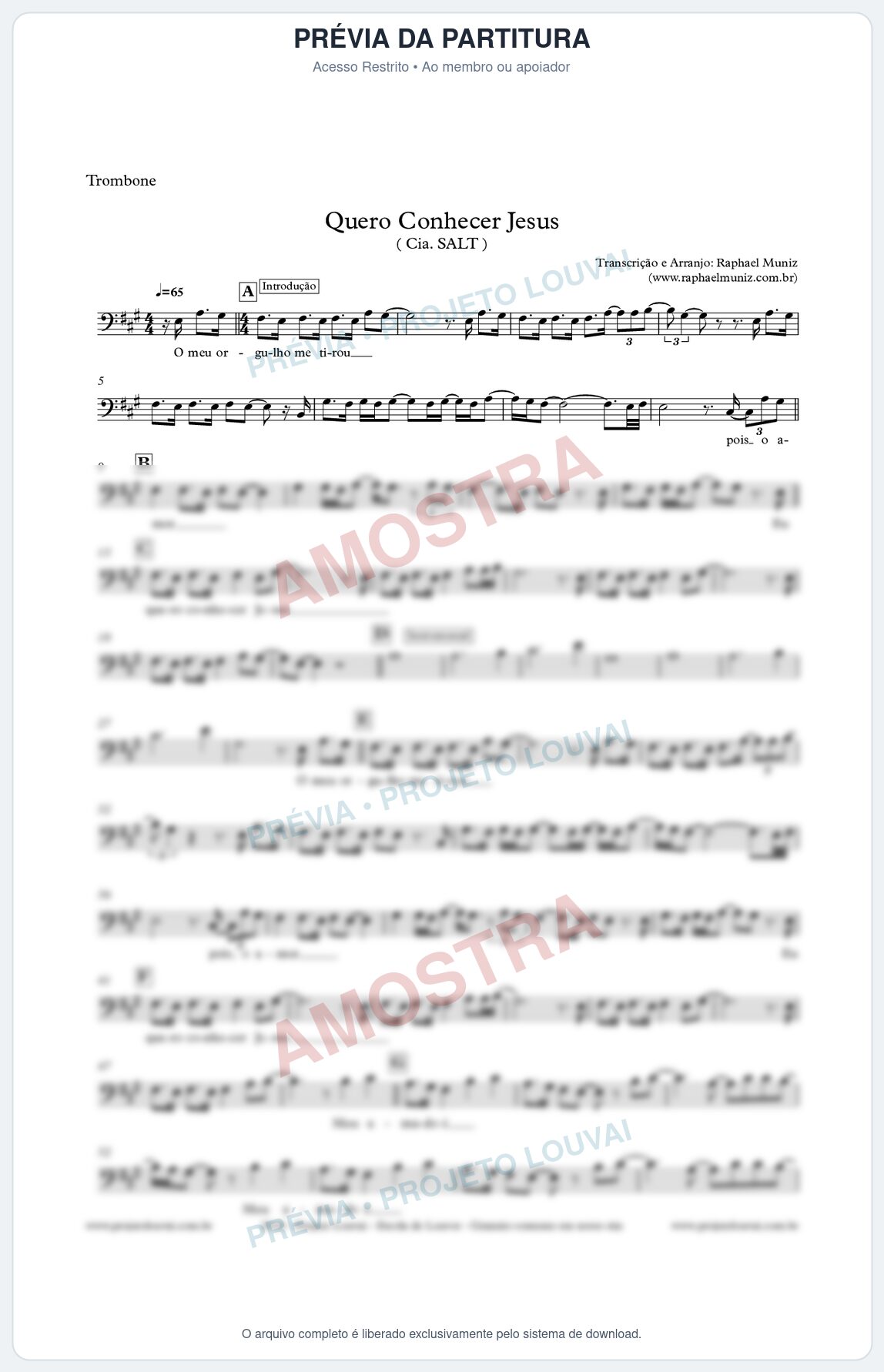 Prévia protegida da primeira página da partitura Partitura para Trombone - Quero Conhecer Jesus - Cia. SALT