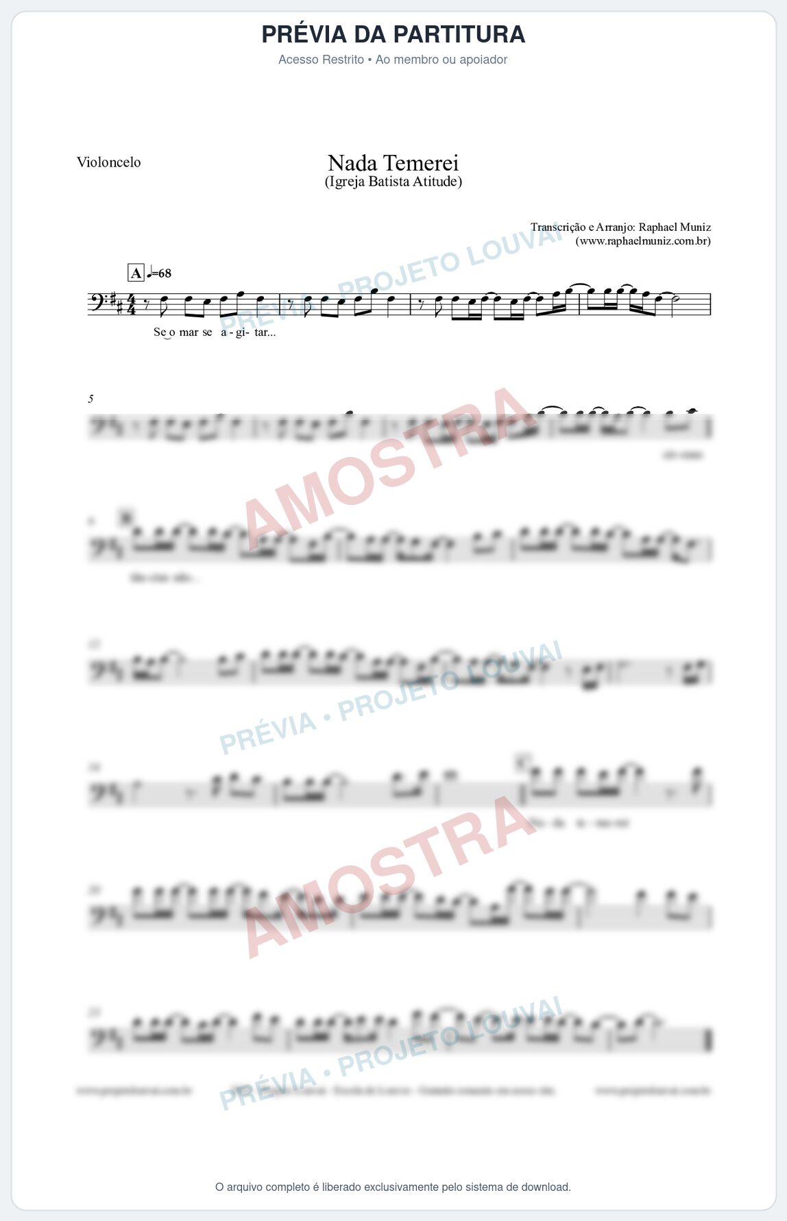 Prévia protegida da primeira página da partitura Partitura para Violoncelo - Nada Temerei - Igreja Batista Atitude