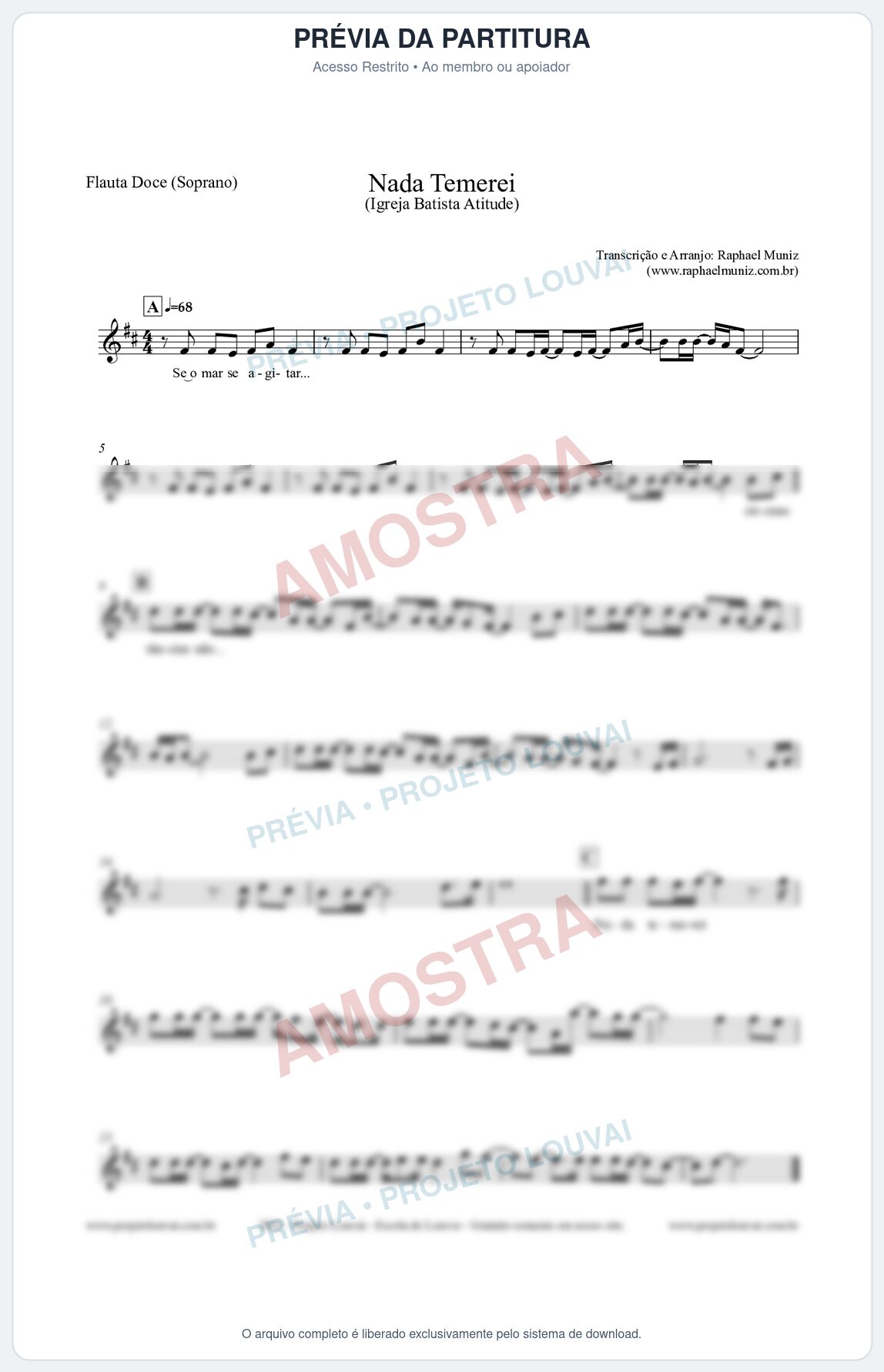 Prévia protegida da primeira página da partitura Partitura para Flauta Doce (Soprano) - Nada Temerei - Igreja Batista Atitude