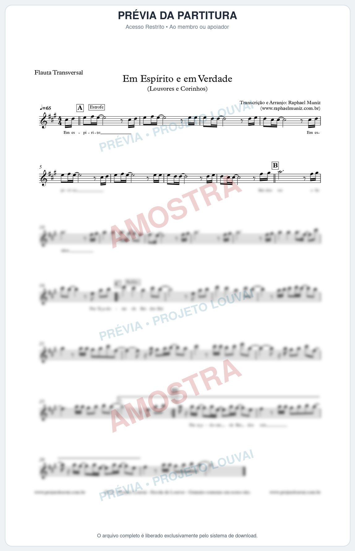 Prévia protegida da primeira página da partitura Partitura para Flauta Transversal - Em Espírito e em Verdade - Louvores e Corinhos Gospel