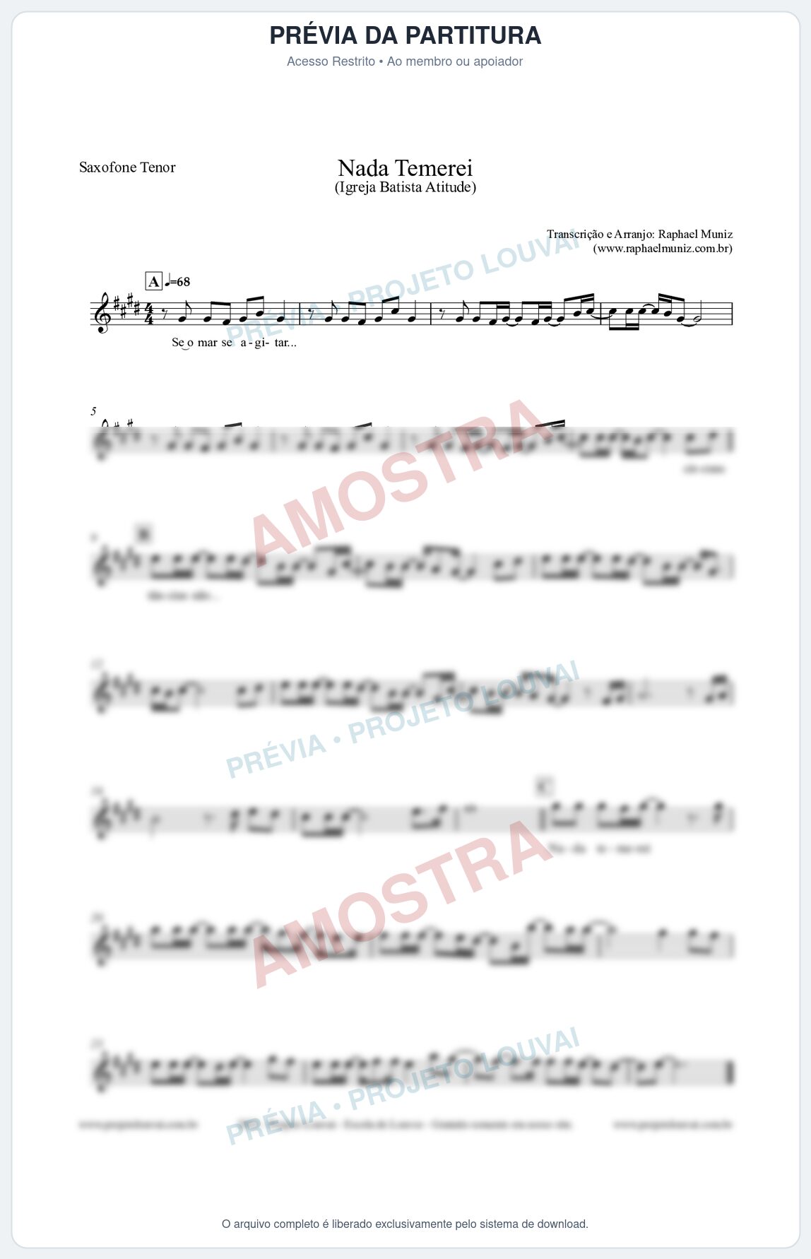 Prévia protegida da primeira página da partitura Partitura para Saxofone Tenor - Nada Temerei - Igreja Batista Atitude