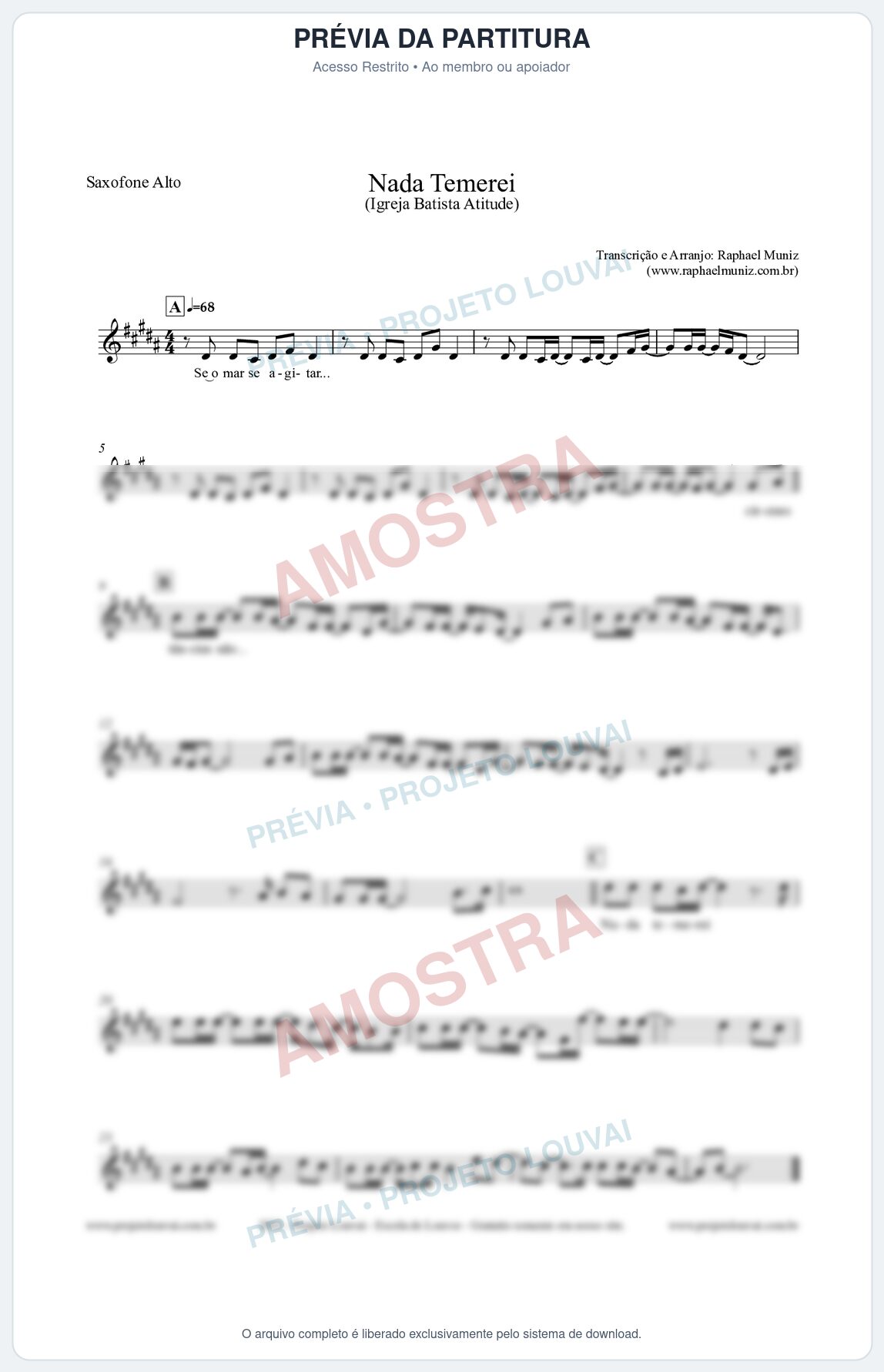 Prévia protegida da primeira página da partitura Partitura para Saxofone Alto - Nada Temerei - Igreja Batista Atitude