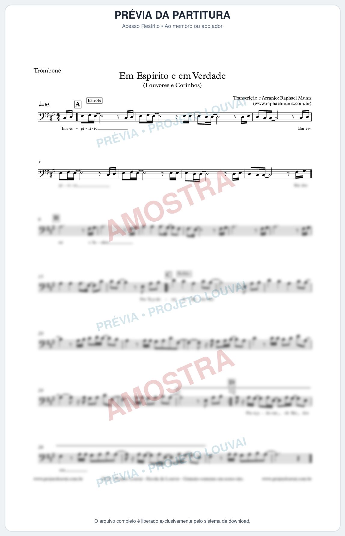 Prévia protegida da primeira página da partitura Partitura para Trombone - Em Espírito e em Verdade - Louvores e Corinhos Gospel