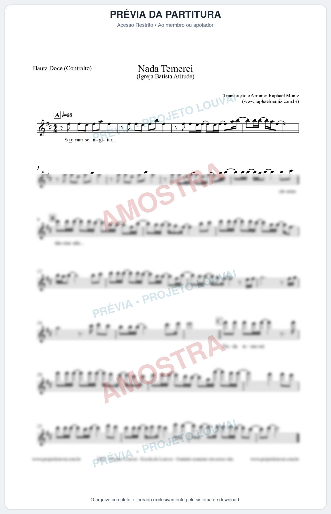 Prévia protegida da primeira página da partitura Partitura para Flauta Doce (Contralto) - Nada Temerei - Igreja Batista Atitude