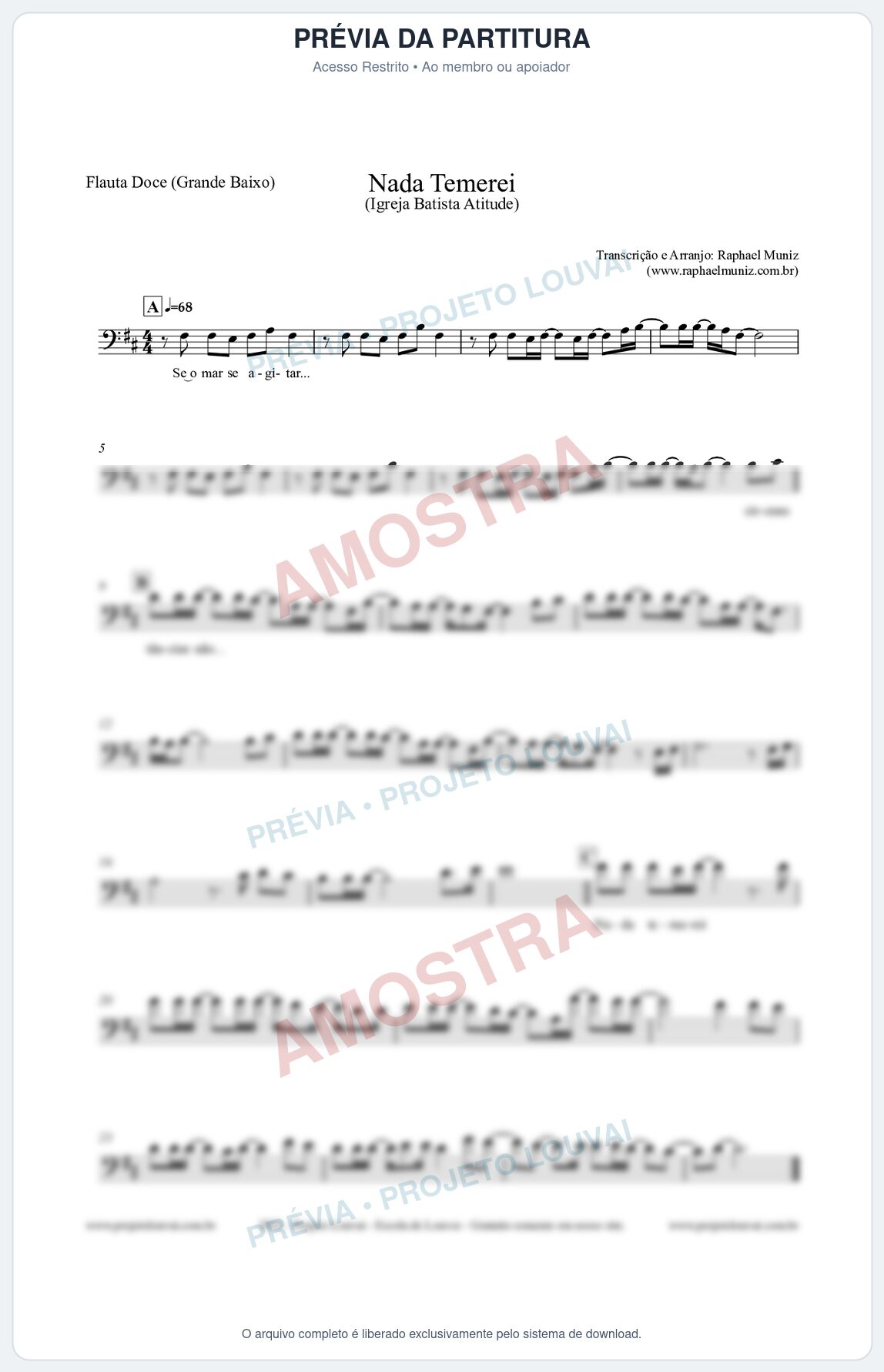 Prévia protegida da primeira página da partitura Partitura para Flauta Doce (Grande Baixo) - Nada Temerei - Igreja Batista Atitude