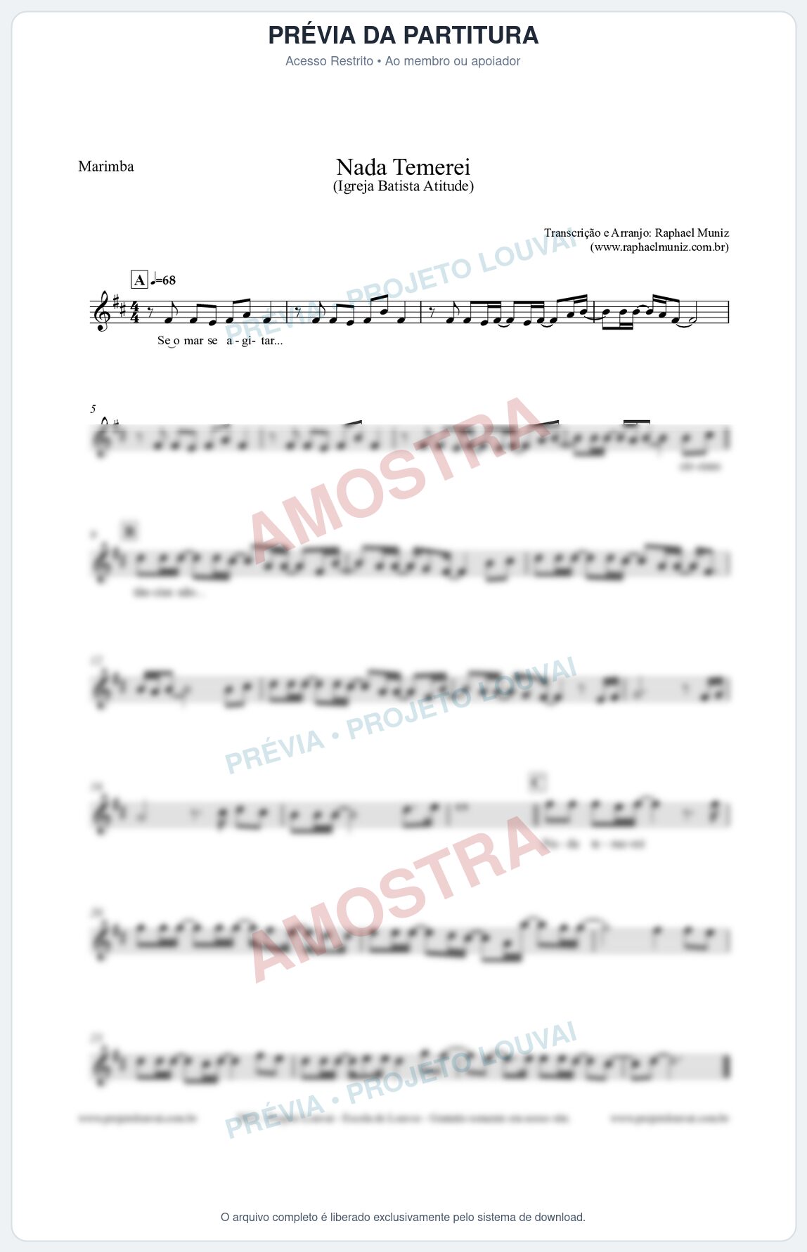 Prévia protegida da primeira página da partitura Partitura para Marimba - Nada Temerei - Igreja Batista Atitude