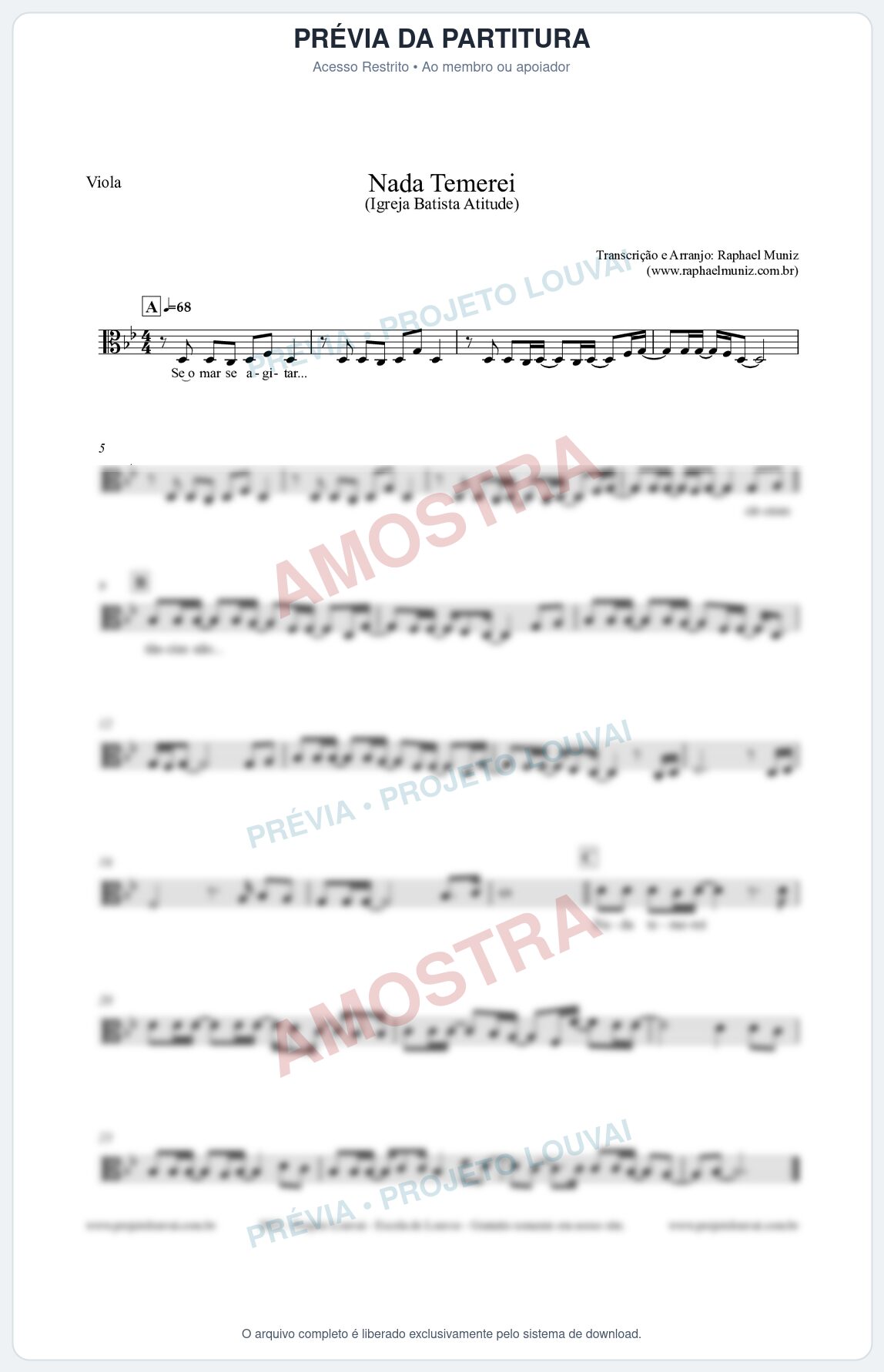 Prévia protegida da primeira página da partitura Partitura para Viola - Nada Temerei - Igreja Batista Atitude