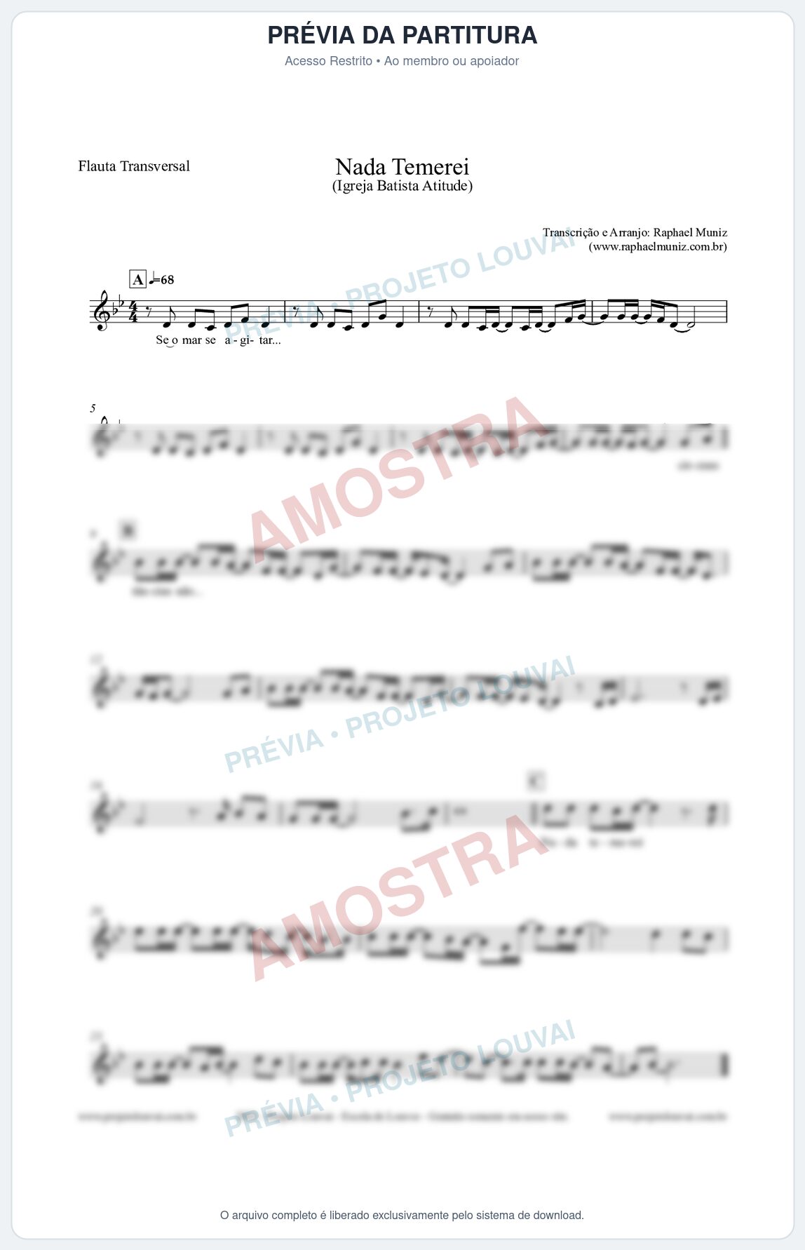 Prévia protegida da primeira página da partitura Partitura para Flauta Transversal - Nada Temerei - Igreja Batista Atitude