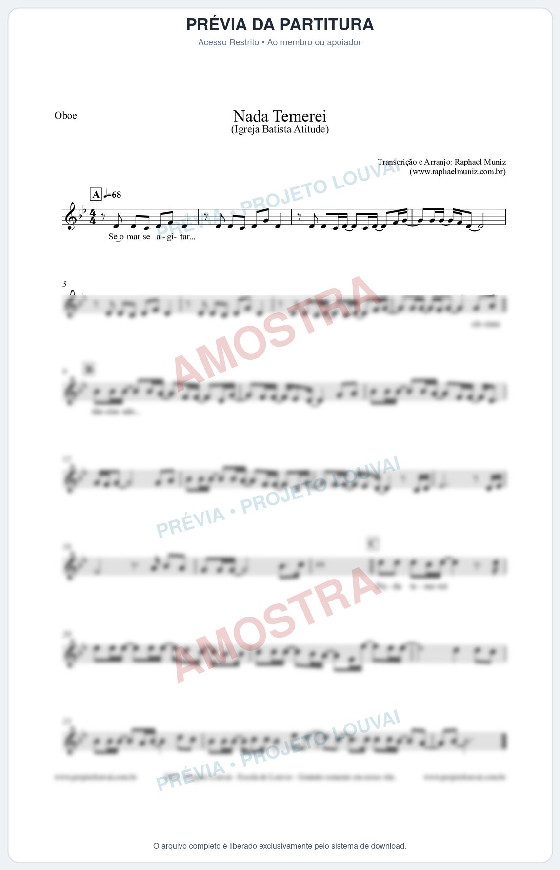 Prévia protegida da primeira página da partitura Partitura para Oboé - Nada Temerei - Igreja Batista Atitude