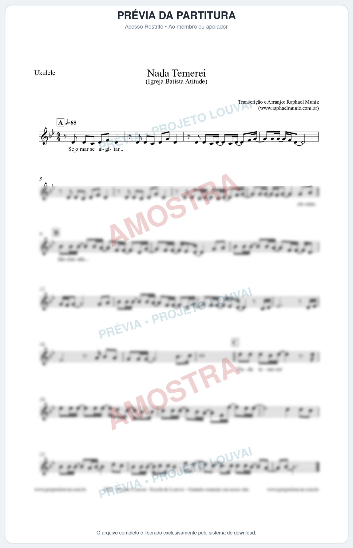 Prévia protegida da primeira página da partitura Partitura para Ukulele - Nada Temerei - Igreja Batista Atitude