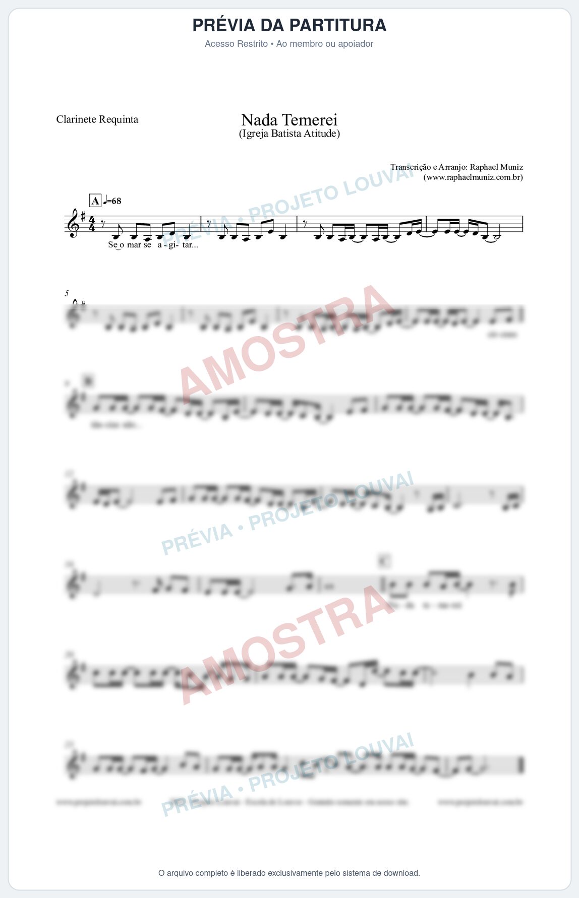 Prévia protegida da primeira página da partitura Partitura para Clarinete Requinta - Nada Temerei - Igreja Batista Atitude