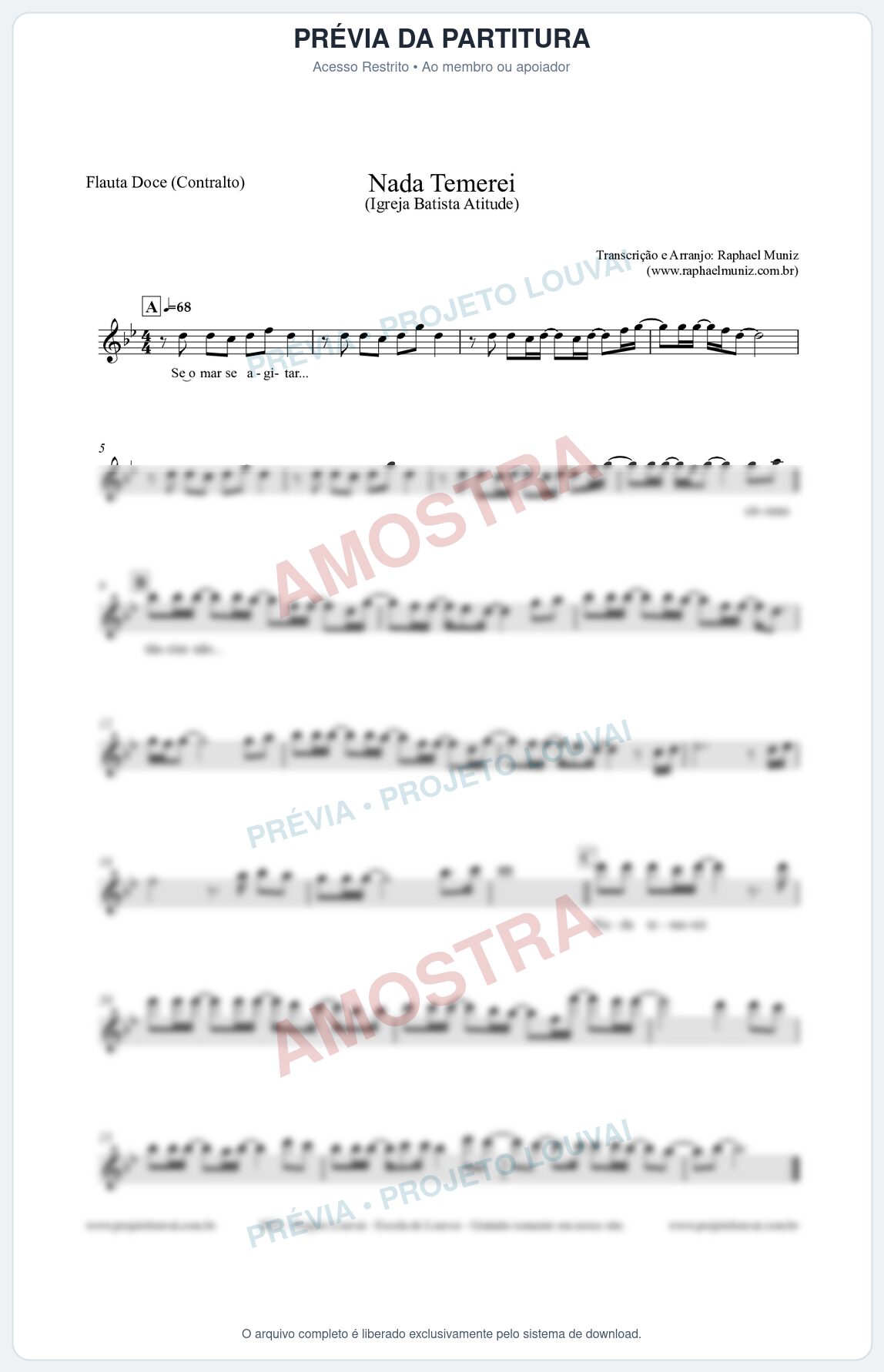 Prévia protegida da primeira página da partitura Partitura para Flauta Doce (Contralto) - Nada Temerei - Igreja Batista Atitude