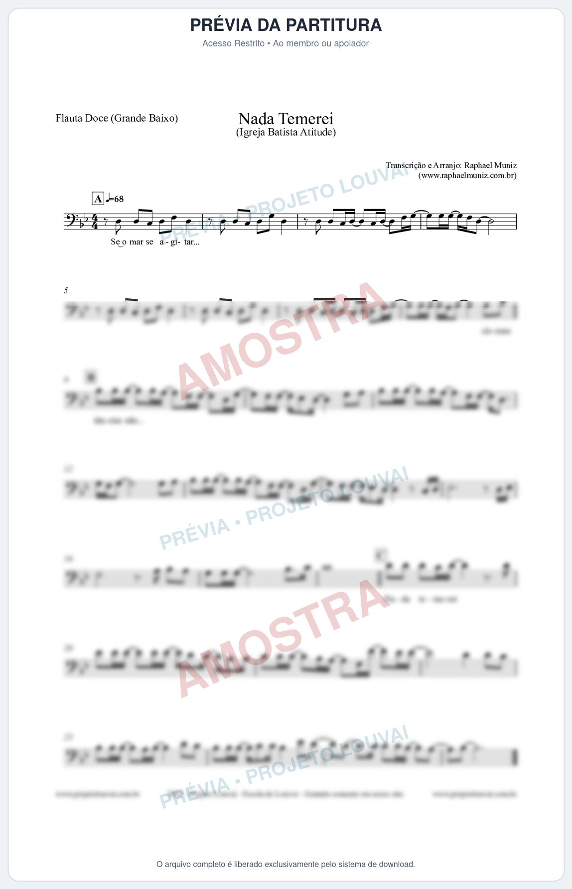 Prévia protegida da primeira página da partitura Partitura para Flauta Doce (Grande Baixo) - Nada Temerei - Igreja Batista Atitude