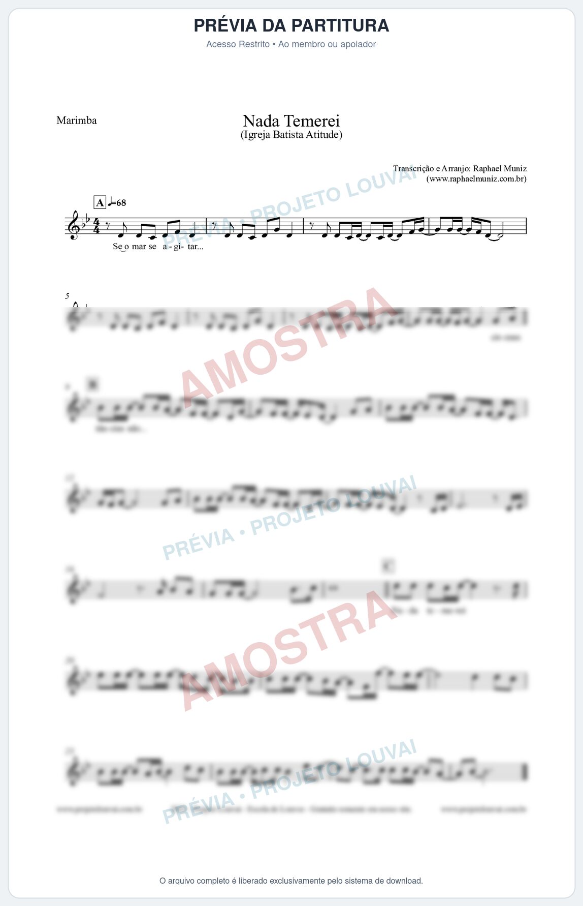 Prévia protegida da primeira página da partitura Partitura para Marimba - Nada Temerei - Igreja Batista Atitude