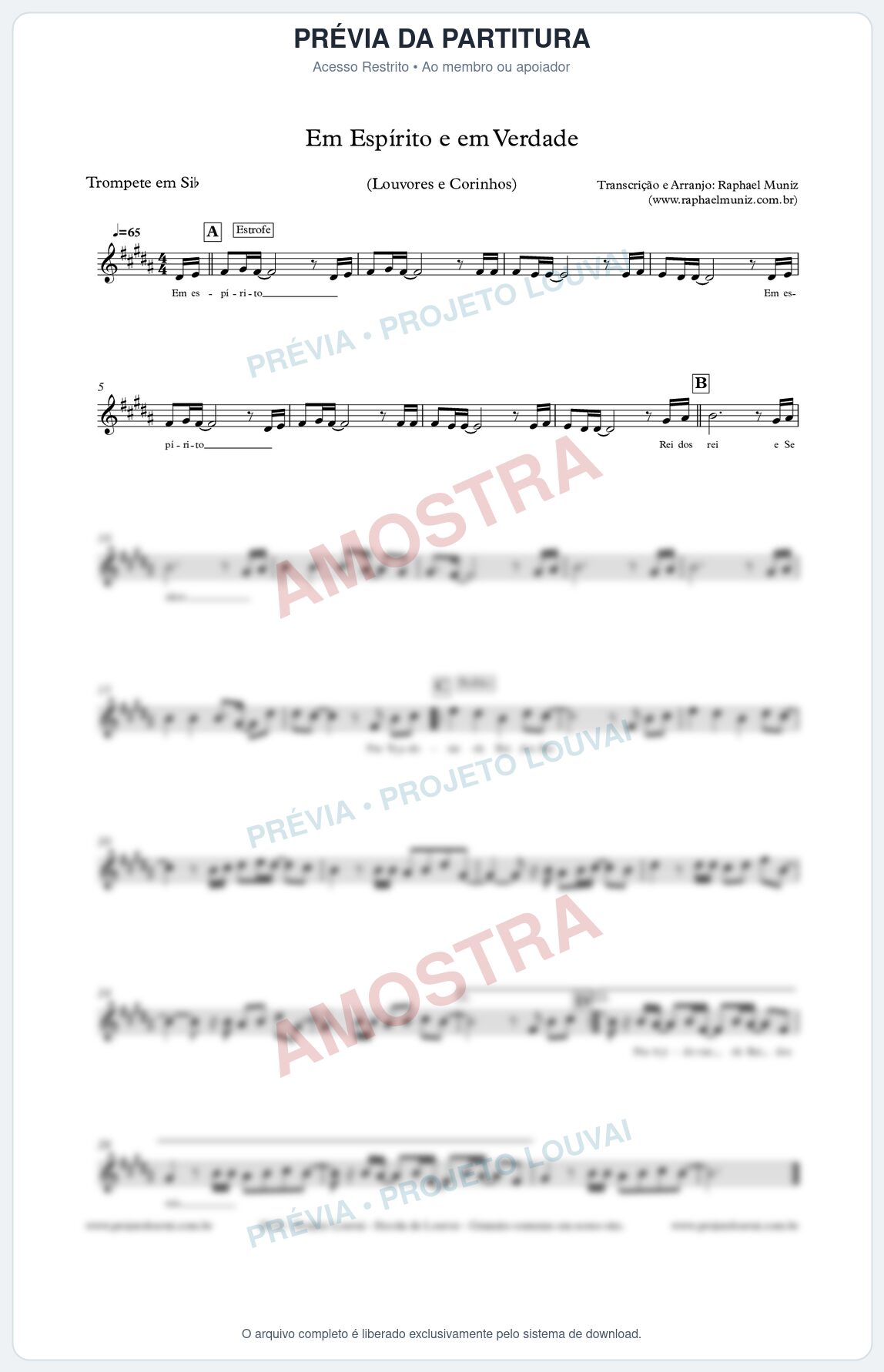 Prévia protegida da primeira página da partitura Partitura para Trompete - Em Espírito e em Verdade - Louvores e Corinhos Gospel