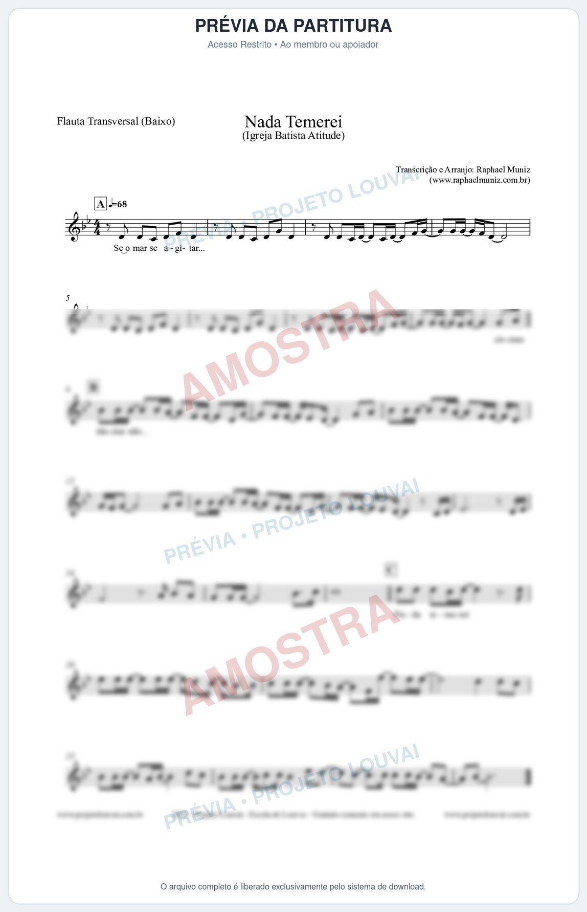 Prévia protegida da primeira página da partitura Partitura para Flauta Transversal (Baixo) - Nada Temerei - Igreja Batista Atitude