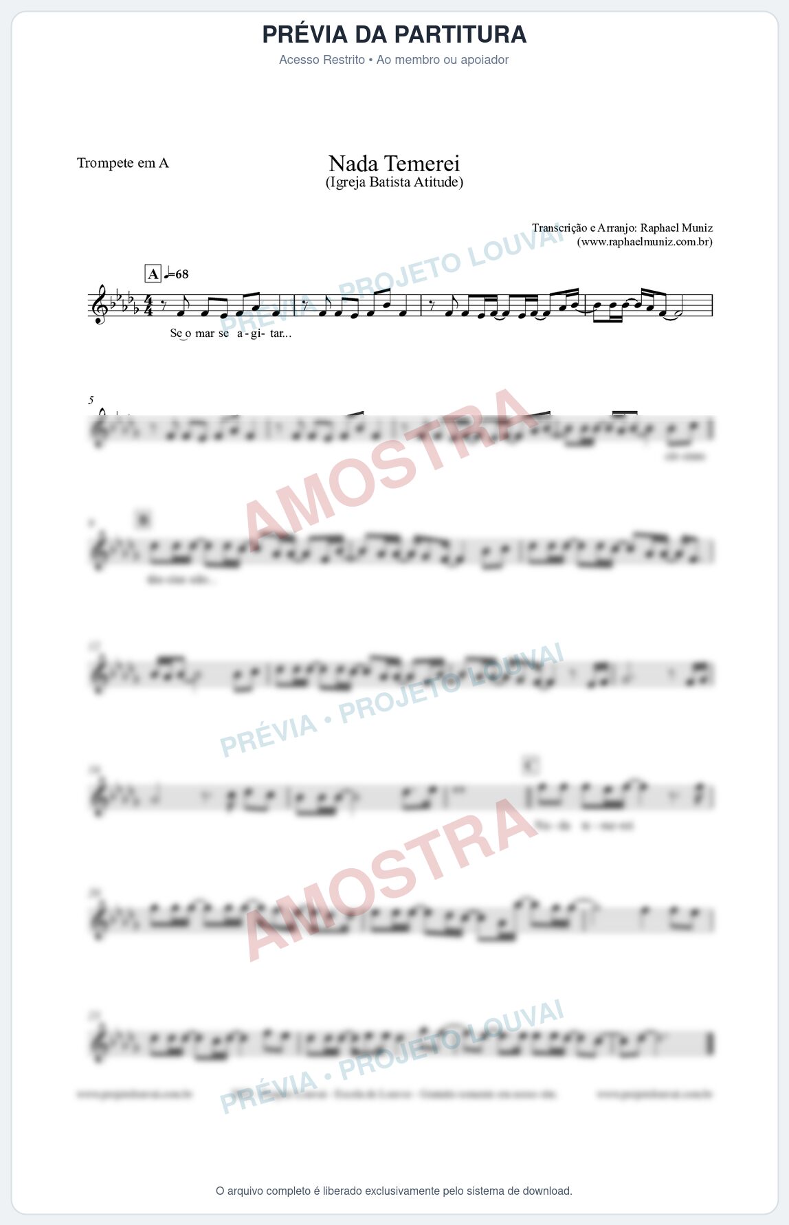 Prévia protegida da primeira página da partitura Partitura para Trompete em A - Nada Temerei - Igreja Batista Atitude