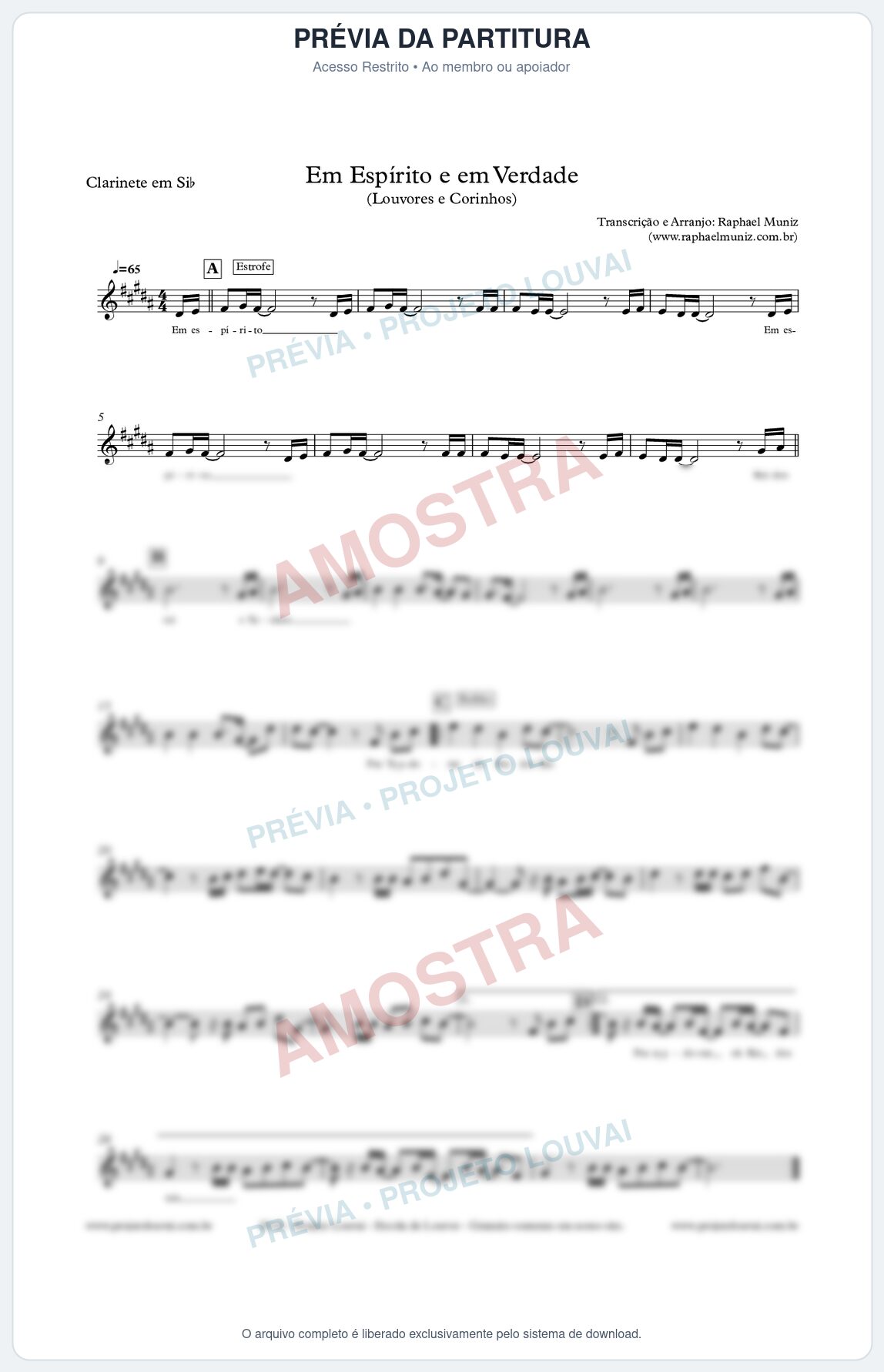 Prévia protegida da primeira página da partitura Partitura para Clarinete - Em Espírito e em Verdade - Louvores e Corinhos Gospel
