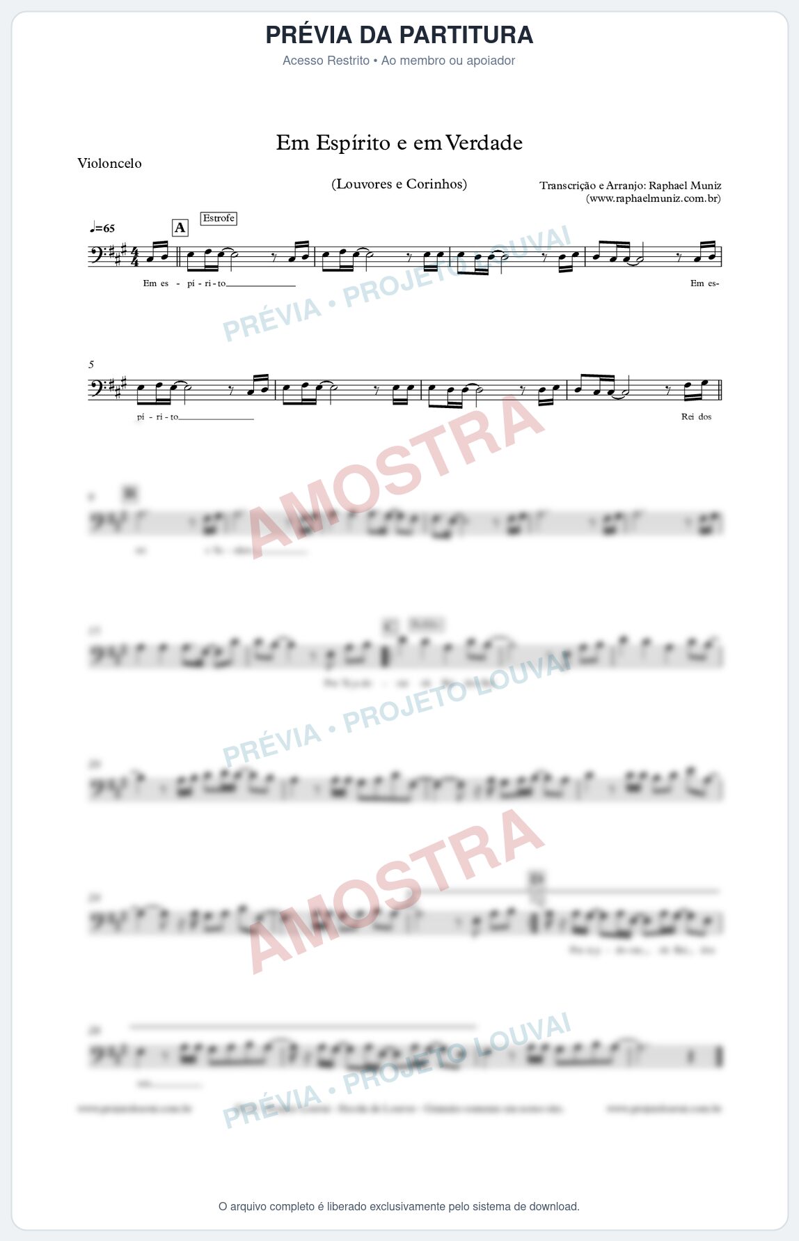 Prévia protegida da primeira página da partitura Partitura para Violoncelo - Em Espírito e em Verdade - Louvores e Corinhos Gospel